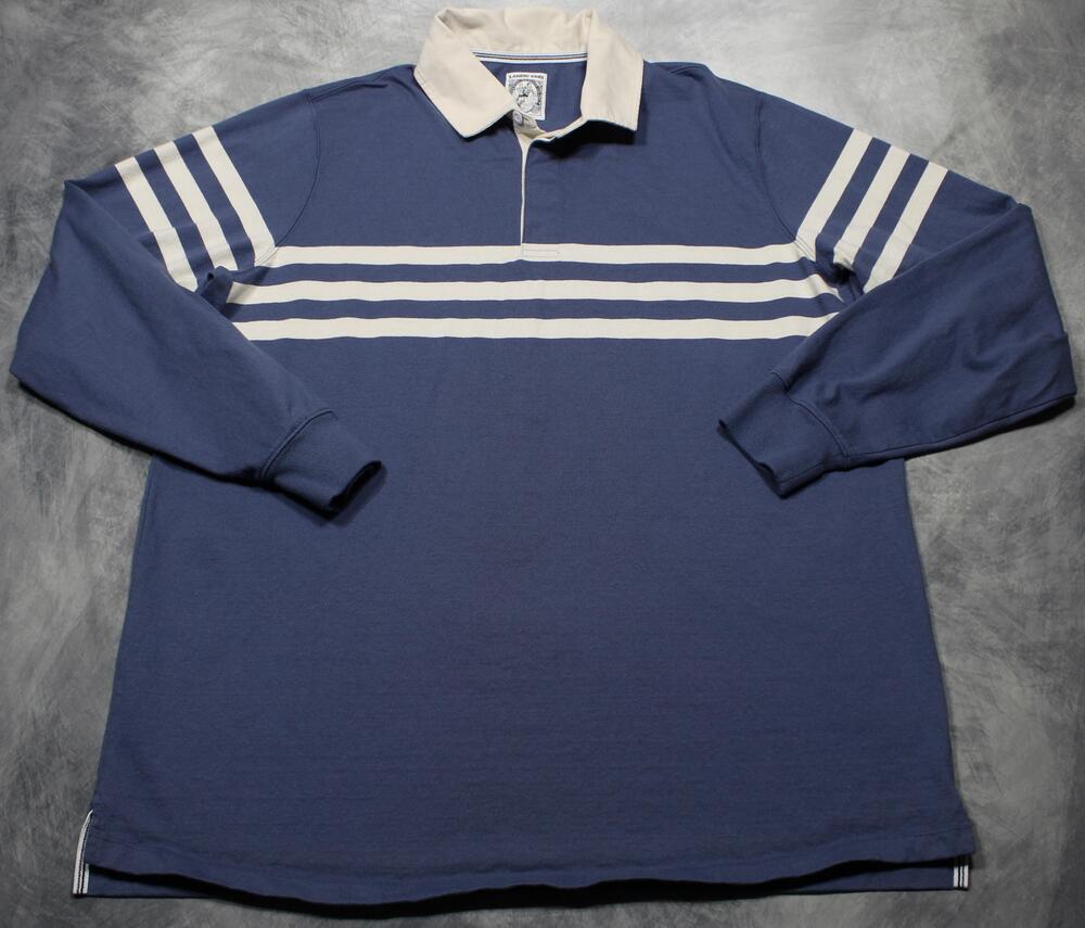 Lands' End Rugby Polo Shirt Mens 2XLT Blue Striped Long Sleeve Jersey Cotton